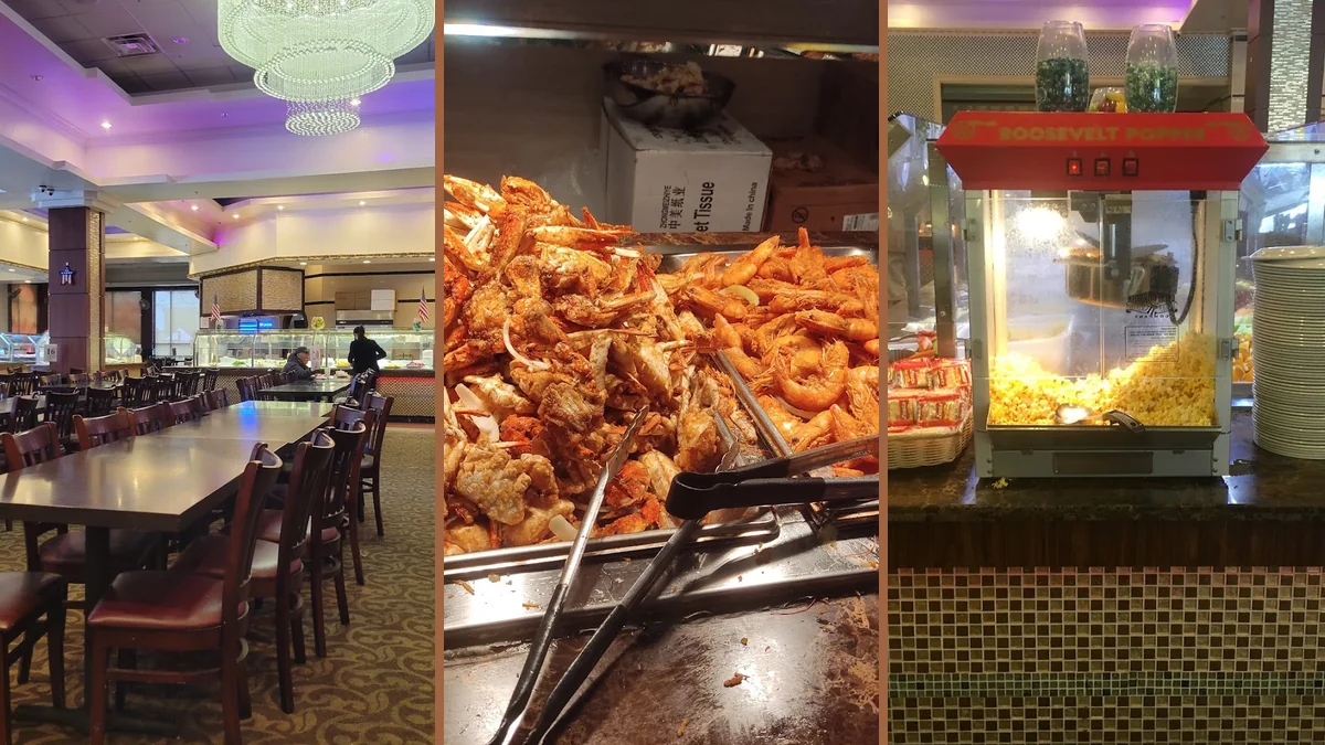 Buffet trays filled with Chinese dishes and seafood.