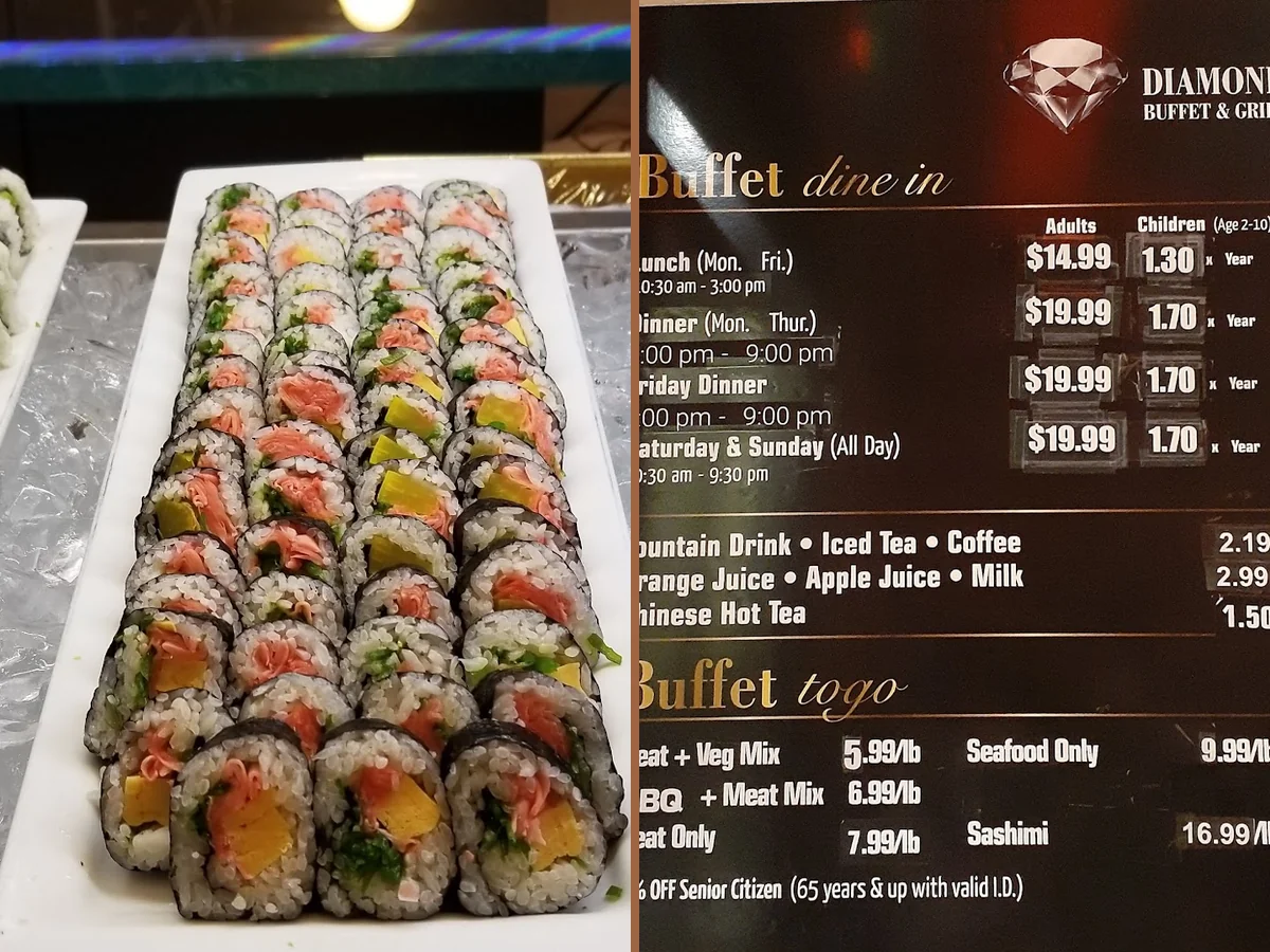 Sushi rolls arranged beside hot buffet selections.