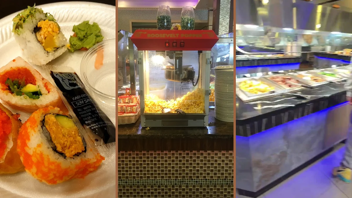 Sushi rolls arranged beside hot buffet selections.